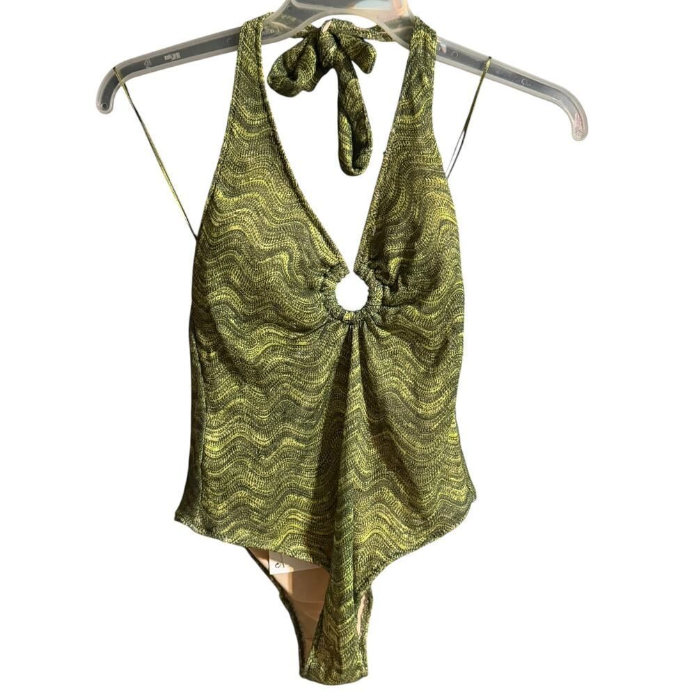 Zara Olive Green textured Halter One Piece Swismuit Ring Detail Open Back